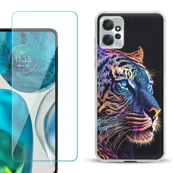 OneToughShield ® for Motorola Moto G Power 5G 2023 Shockproof Fashion Phone Case, with Tempered Glass Screen Protector - Neon Tiger