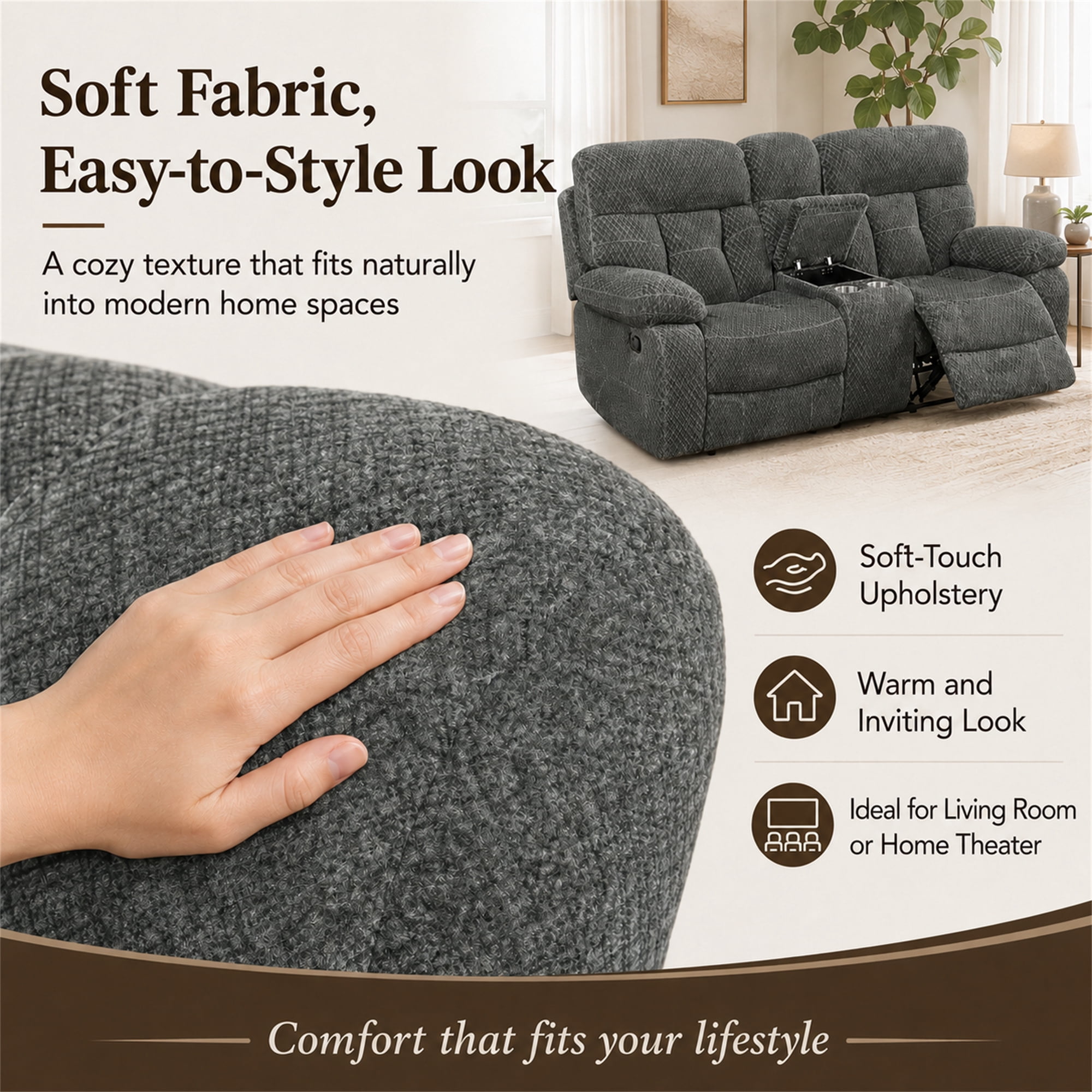 Aukfa 3-Piece Recliner Sofa Set - 77" Loveseat Recliner w/ Cupholder Console for Living Room, Microfiber, Gray