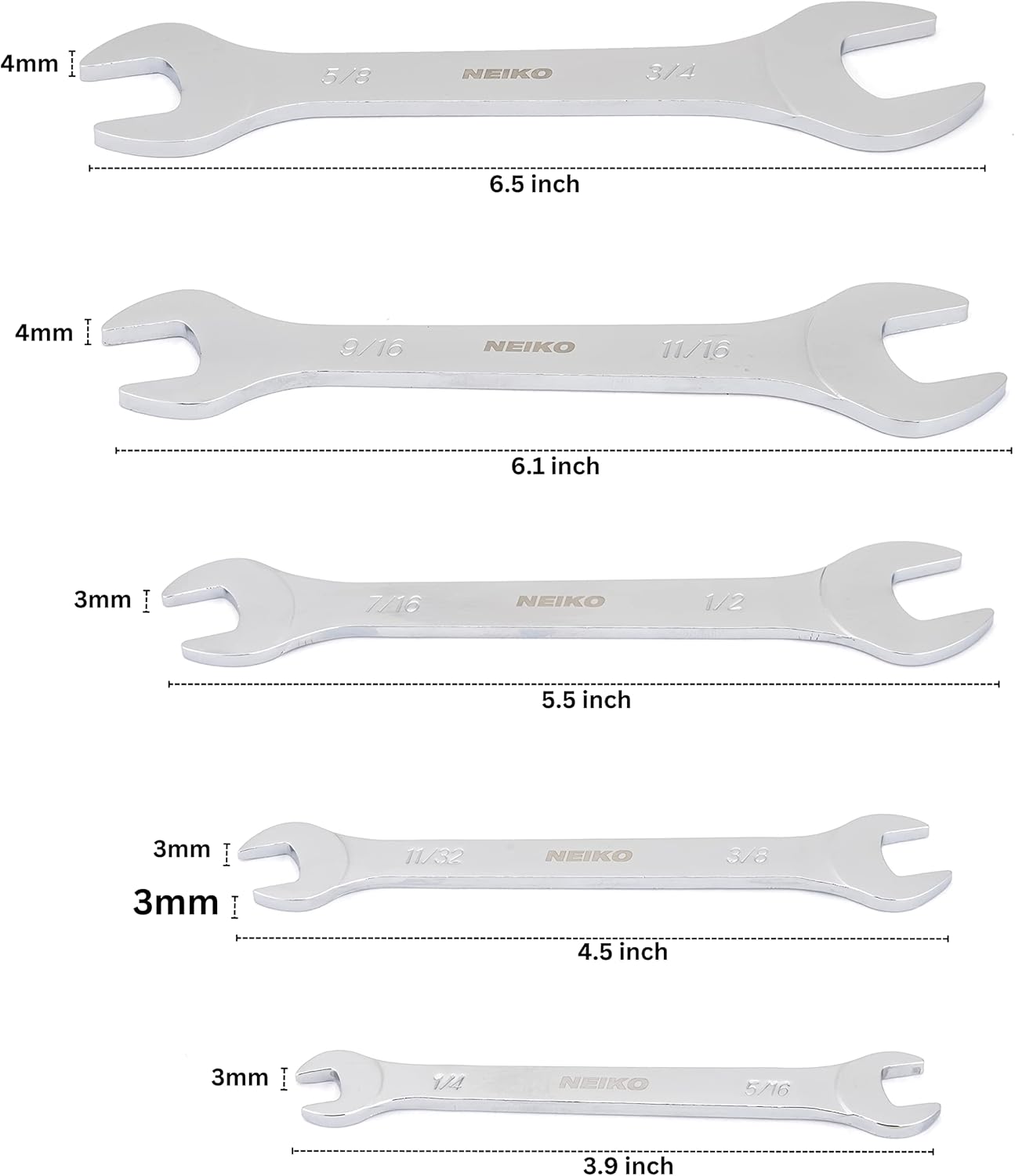 Neiko 03580A Super Thin SAE Wrench Set, 3-4mm Thick, 5 Piece, Double Open Ended, Standard Span, Slim Profile