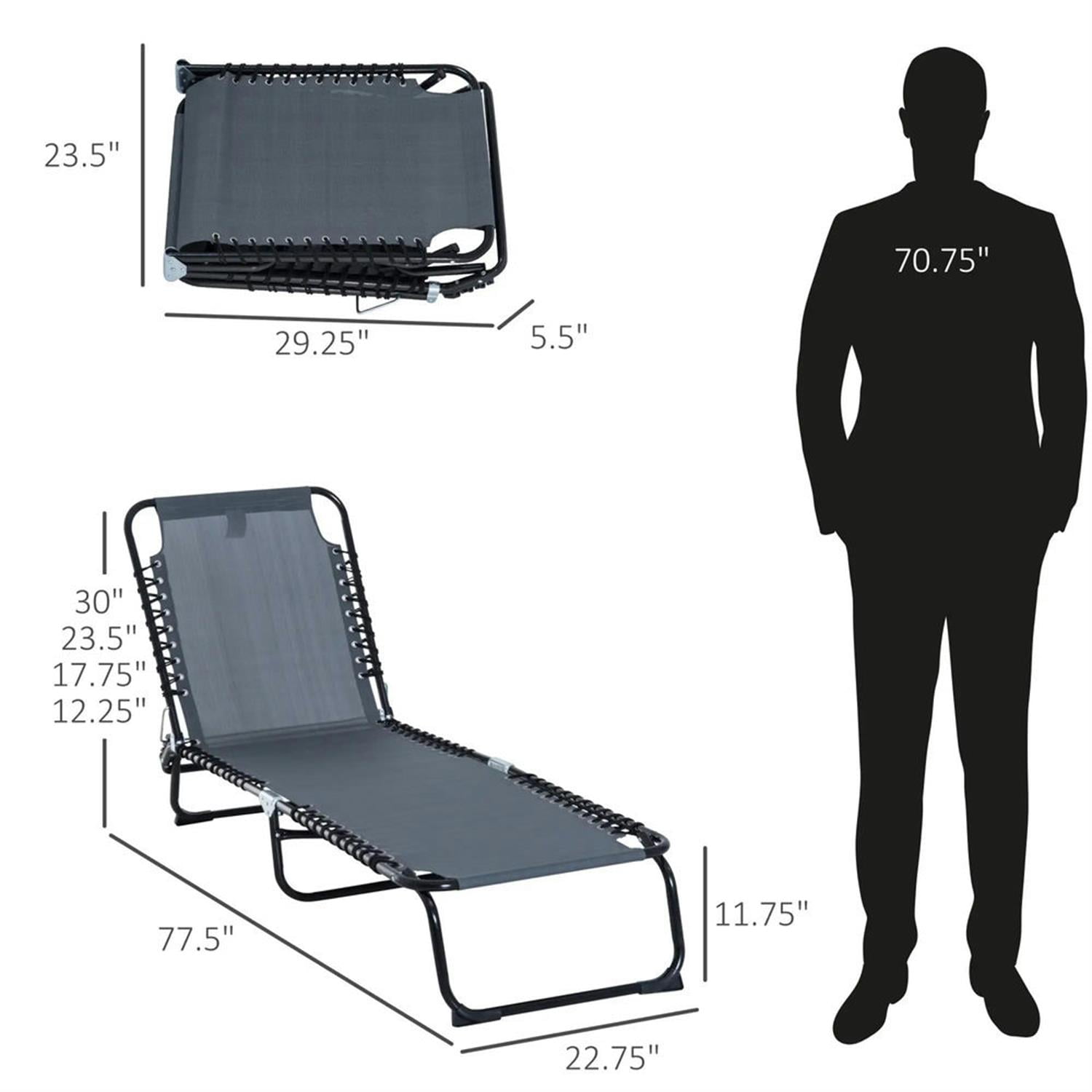 Demi Bonn Outdoor Folding Chaise Lounge with 4-Position Reclining, Mesh Seat & Bungee Back for Beach, Yard, Patio, Gray