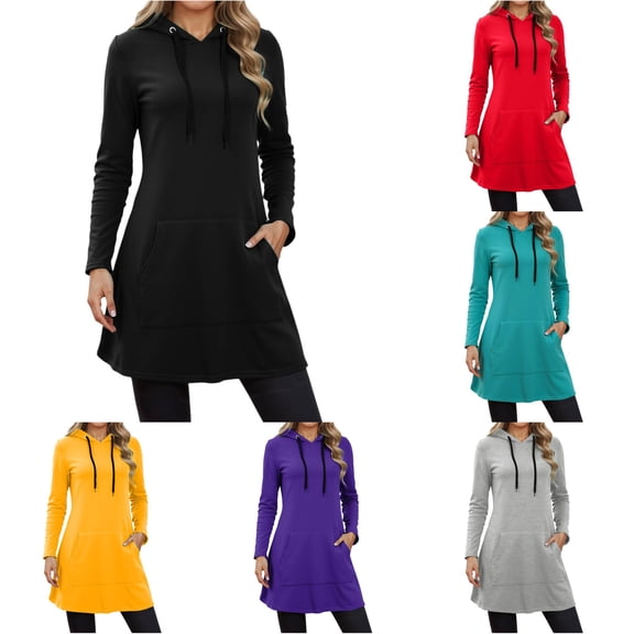 Wxolcjlv Solid Hooded Dress for Women Pocket Detail Dresses
