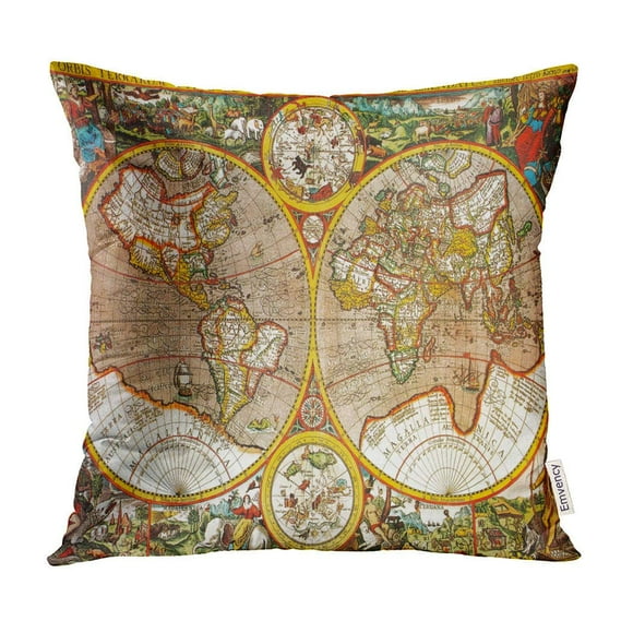 BOSDECO Antique 17Th Century World Map Macro Closeup Designed by Petro Kaerio in 1607 Pillow Case Pillow Cover 20x20 inch