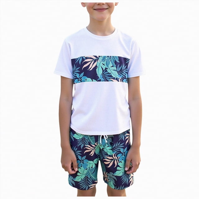 Curenmufel Boys Swimsuits Rash Guard Set Boys Short Sleeve Rash Guard Swimsuit Set with Swim Trunks Size 16 Years (White,16 Years)