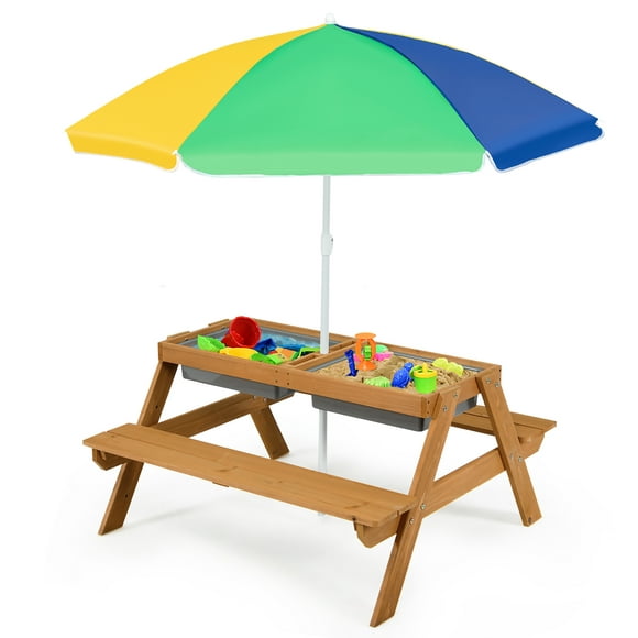 Costway 3-en-1 Enfants Table de Pique-Nique en Bois en Plein Air Sable et Table d'Eau W / Parapluie Boîtes de Jeux