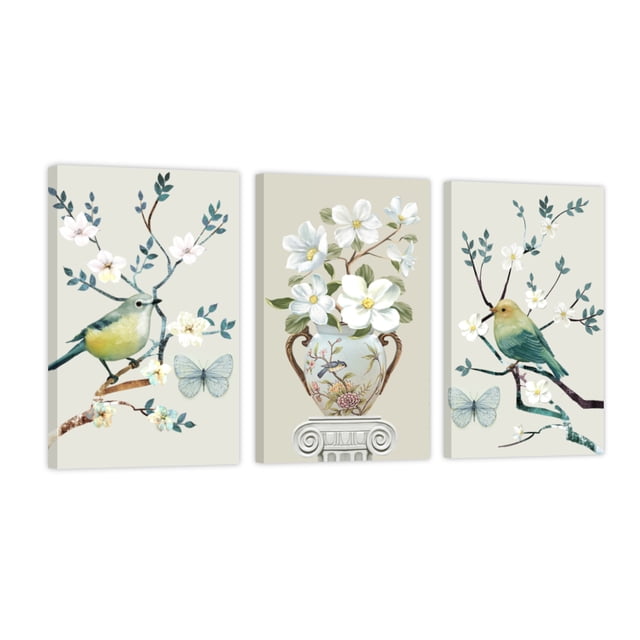 Cuadro Decorativo Tríptico Vertical Pájaros Con Flores Canvas Revolution Set De 3 Cuadros 30x45 cm
