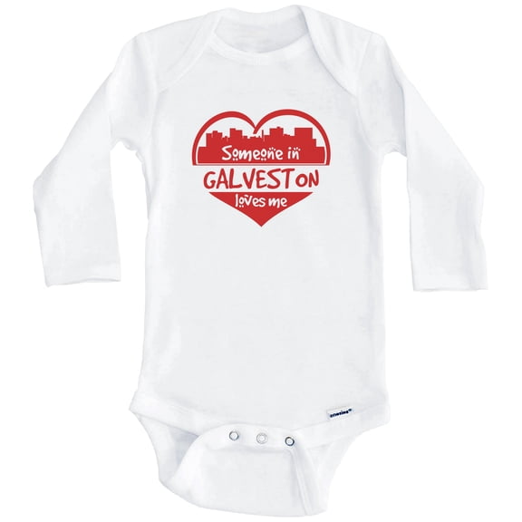 Someone in Galveston Loves Me Galveston Texas Skyline Heart One Piece Baby Bodysuit (Long Sleeve), 3-6 Months White