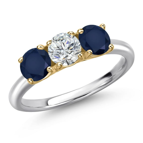 Gem Stone King 1.70 Cttw Lab Grown Diamond and Blue Sapphire 3-Stone Engagement Ring for Women | 925 Silver and 10K Yellow Gold | Round 5MM | Three Stone Wedding Anniversary Promise Ring