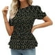 thumbnail image 1 of Camiseta de verano con dobladillo con volantes y mangas cortas con cuello redondo y estampado floral elástico para mujer Negro S, 1 of 6