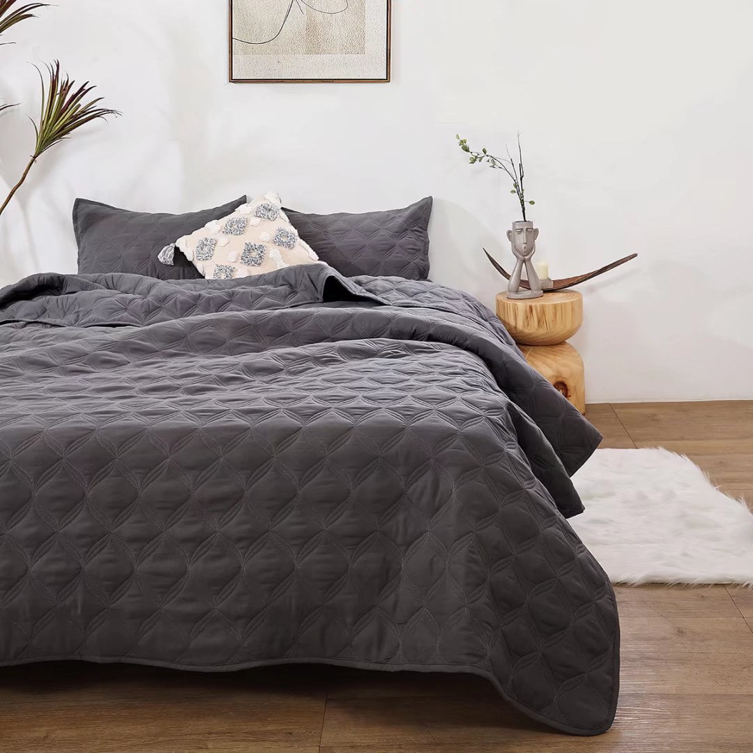 DuShow Dark Grey Quilt Set For Queen Size Bed,Diamond Pattern Dark Gray Bedspreads Coverlet Full