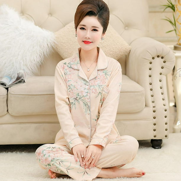 Sleepwear Set Cotton Top And Bottom Shirt And Set Pajama Set for for Home  Middle- Ladies Elderly 
