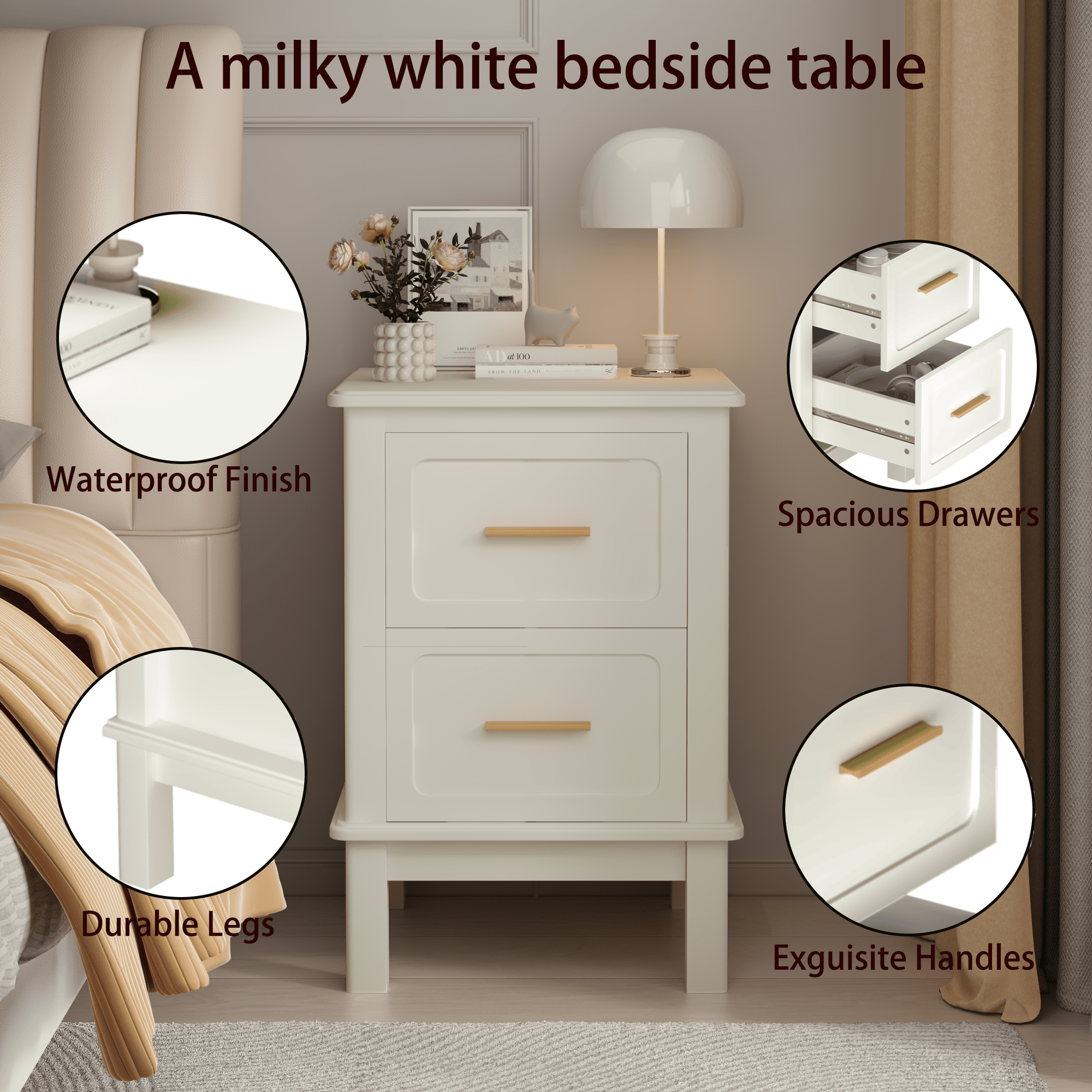 Nightstand with 2 Drawers,Modern Bedside Table with Gold Handles,Wood Accent Table for Small Spaces,Living Room,White