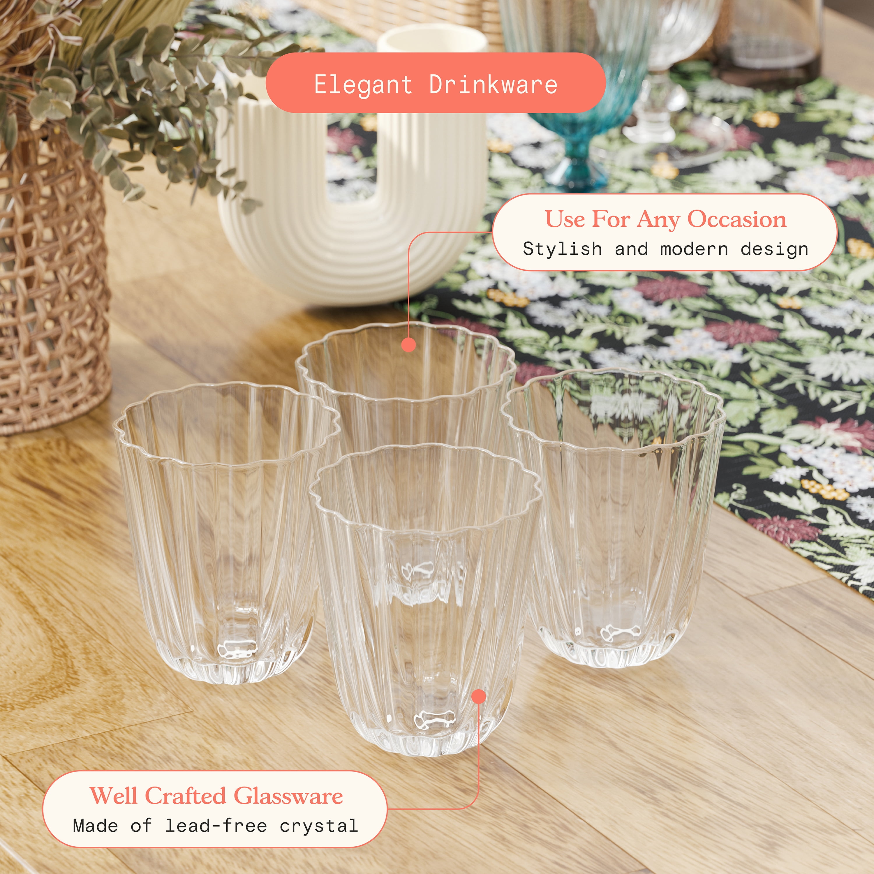 Beautiful Scallop Water Glasses Set of 4 Clear Glass by Drew Barrymore