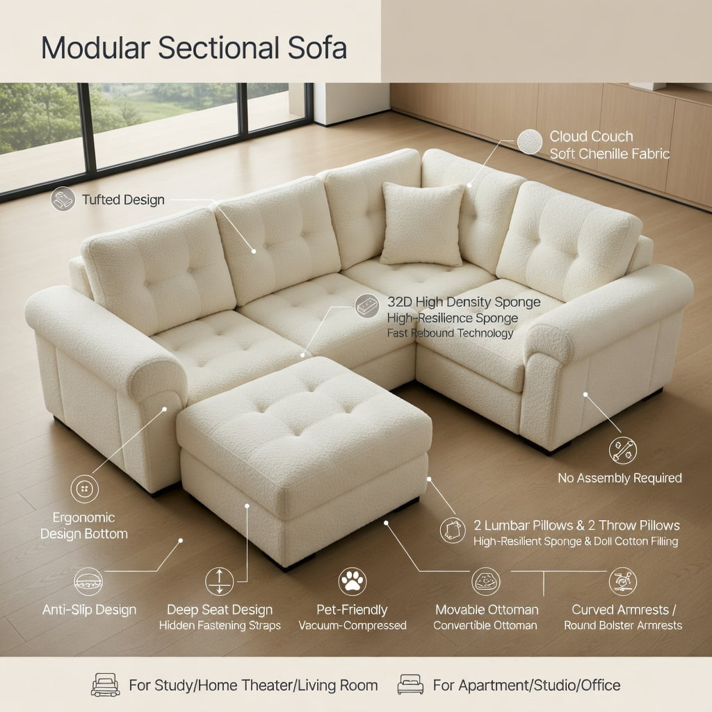 Hommoo Teddy Fleece 4-Seat Modular Sofa Set, Cloud-Soft Curved Backrest, Double-Layer Cushions & Lumbar Support, Living Room Couch, Beige
