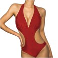 thumbnail image 4 of Jacenvly One Piece Swimsuits for Women Plus Size Casual Sleeveless Solid Halter Neck Surfing Swimwear Quick Drying Fashion Women'S Deep V One-Pice Bandage Color Swimsuit Red, 4 of 10