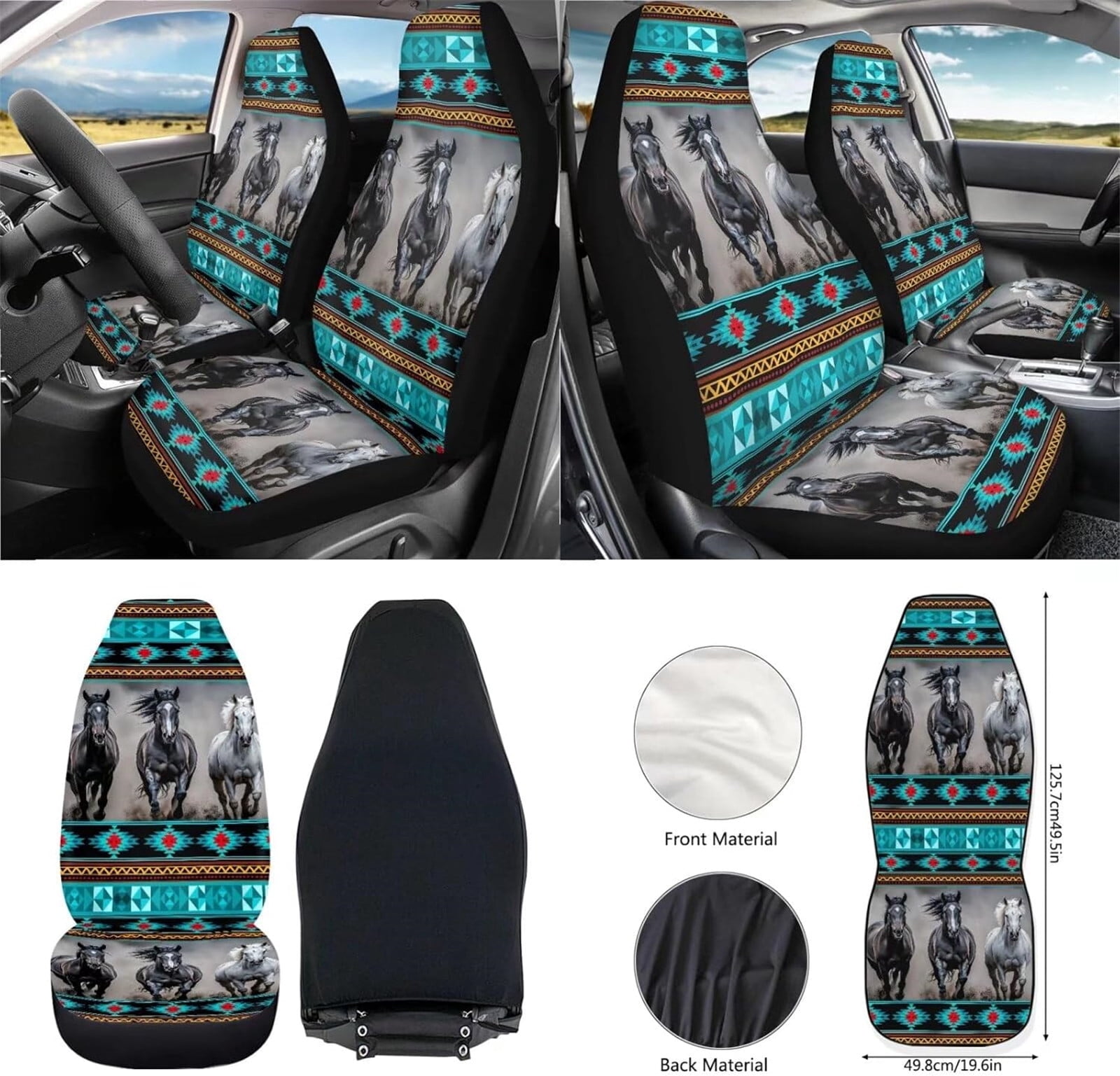 Yuyamidu Southwest Aztec Horse Car Front Seats Covers Set of 12 Blue Steering Wheel Cover Seatbelt Pads Center Console Cover Trash Bin Sunglass Holder Rearview Mirror Cover Cup Holders Keychain
