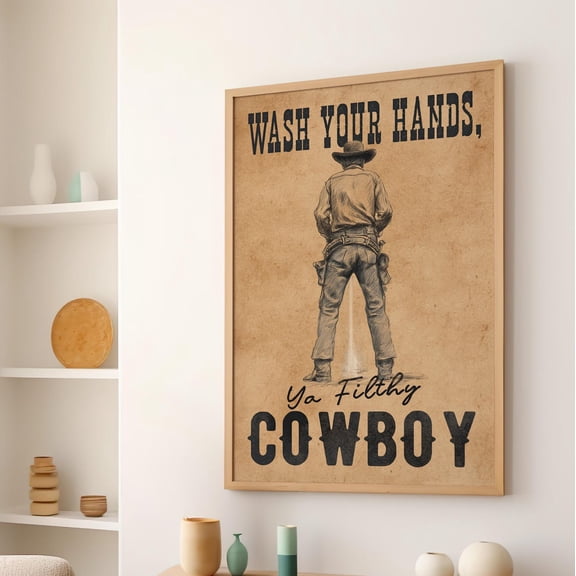 Wash Your Hands Cowboy Wall Art Western Bathroom Decor, Unframed Paper Print Size 8x12