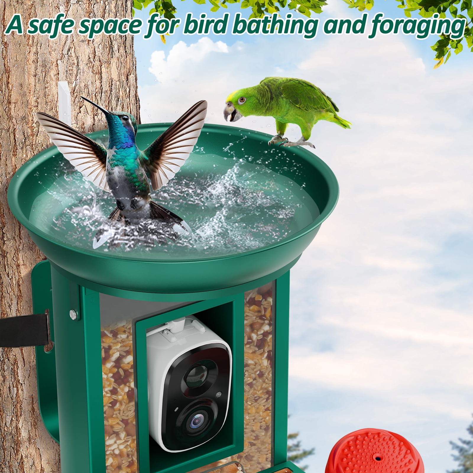 Bird Feeder with Camera, 2K Birds Camera with 3-in-1 Feeding, Drinking, and Bathing | AI Bird Identify, Real-Time Monitoring | IP65 for Outdoors