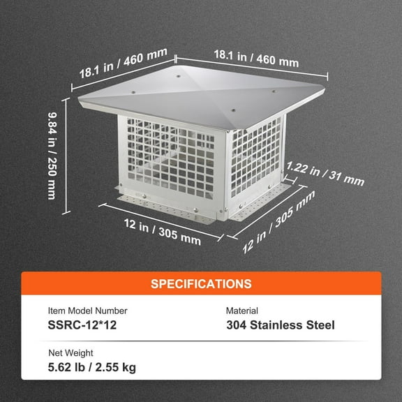 12x12 Inch 304 Stainless Steel Chimney Cap, Durable & Easy Install Fireplace Cover, Fits Clay Flue Shingles, Silver