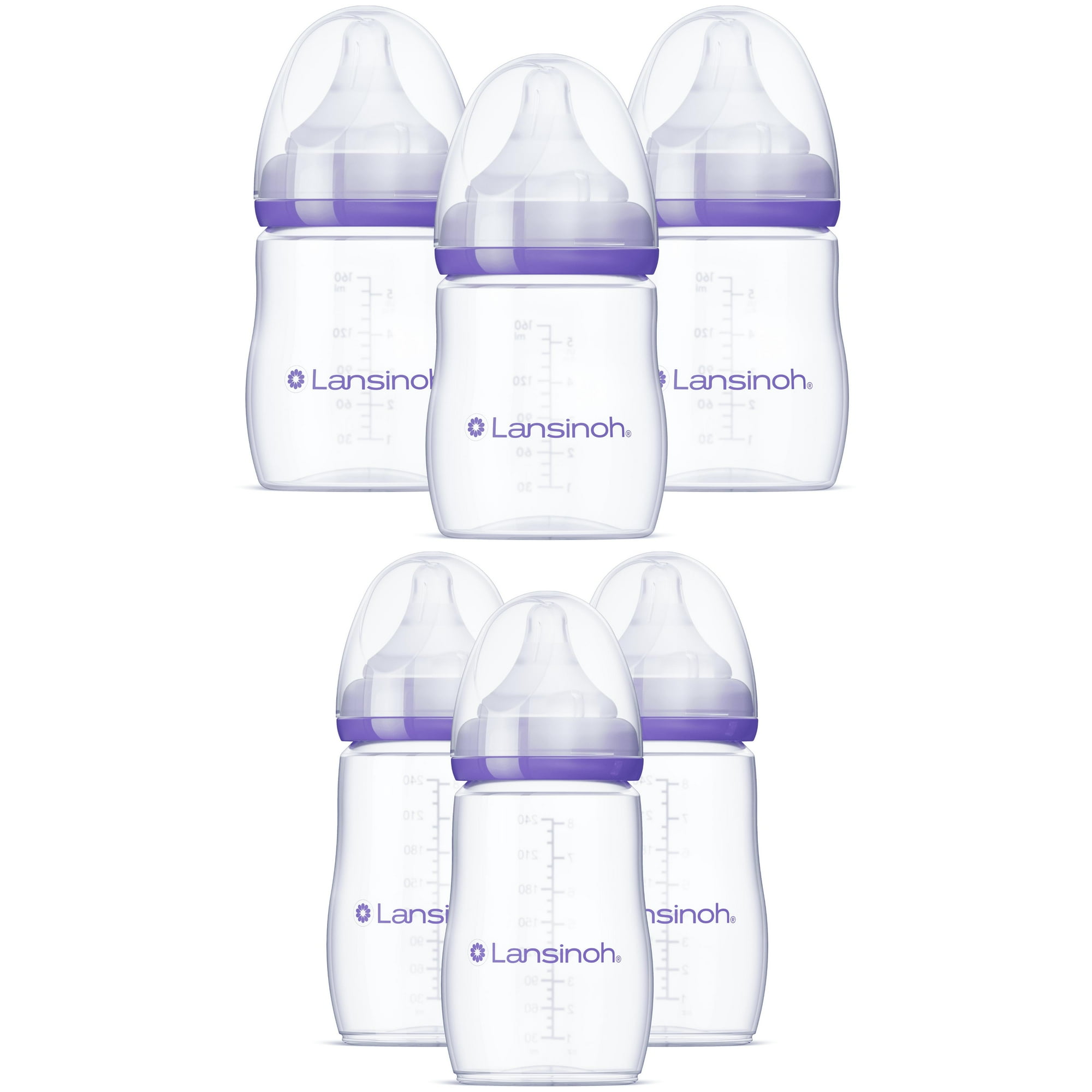 Lansinoh Anti-Colic Baby Bottles for Breastfeeding Babies, 5oz & 8oz, 3ct Each, 6 Bottles Total, Includes Slow Flow Nipples, Size S, and Medium Flow Nipples, Size M