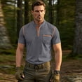thumbnail image 5 of Henley Short Sleeve Shirt For Men Color Block Casual Contrast Trim Button Placket Tops Cotton Blend Knit Polo Shirt With Chest Pocket For Outdoor Sports And Daily Wear, 5 of 8