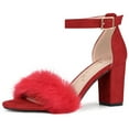 thumbnail image 1 of BLISSFUL STEP Women's Solid Color Faux Fur Ankle Strap Block Heels Sandals, 1 of 6