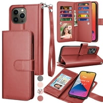 For Apple iPhone 14 Pro Wallet Case, EBIZCITY Luxury Cash Credit Card Slots Holder PU Leather Flip Cover [Detachable Magnetic TPU Case] & Kickstand & Wristlet Strap Cover -Wine Red