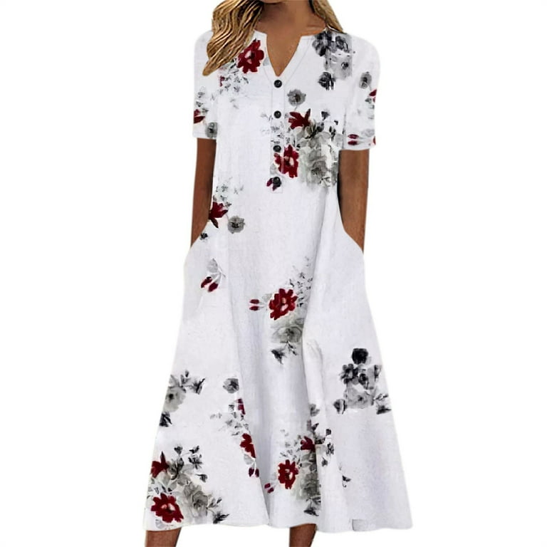 Women's Short Sleeve V Neck Dress Long Beach Pockets Floral Print  Casual Dresses