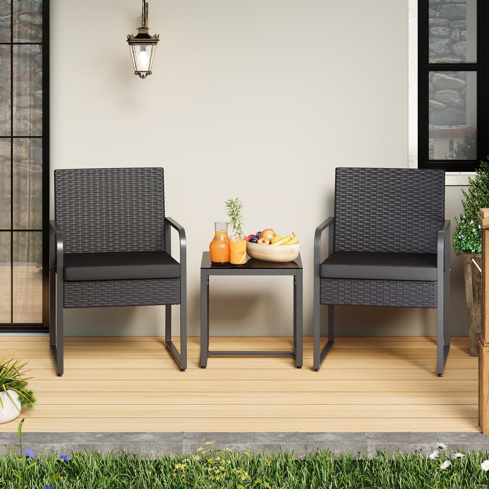 Lofka Patio Furniture Outdoor Conversation Set with Tempered Glass Coffee Table and 2 Seats for Porch | Bistro | Balcony, Black Cushion