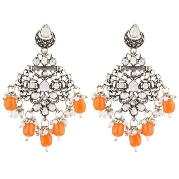 Efulgenz Indian Oxidized Jewelry Antique Jhumka Jhumki Floral Earrings with Ear Support Chain Hair Accessories for Women