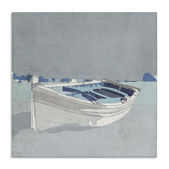 Stupell Industries Cottage Beached Row Boat Monochromatic Blue Nautical Town Canvas Art, 17 x 17, by Ynon Mabat