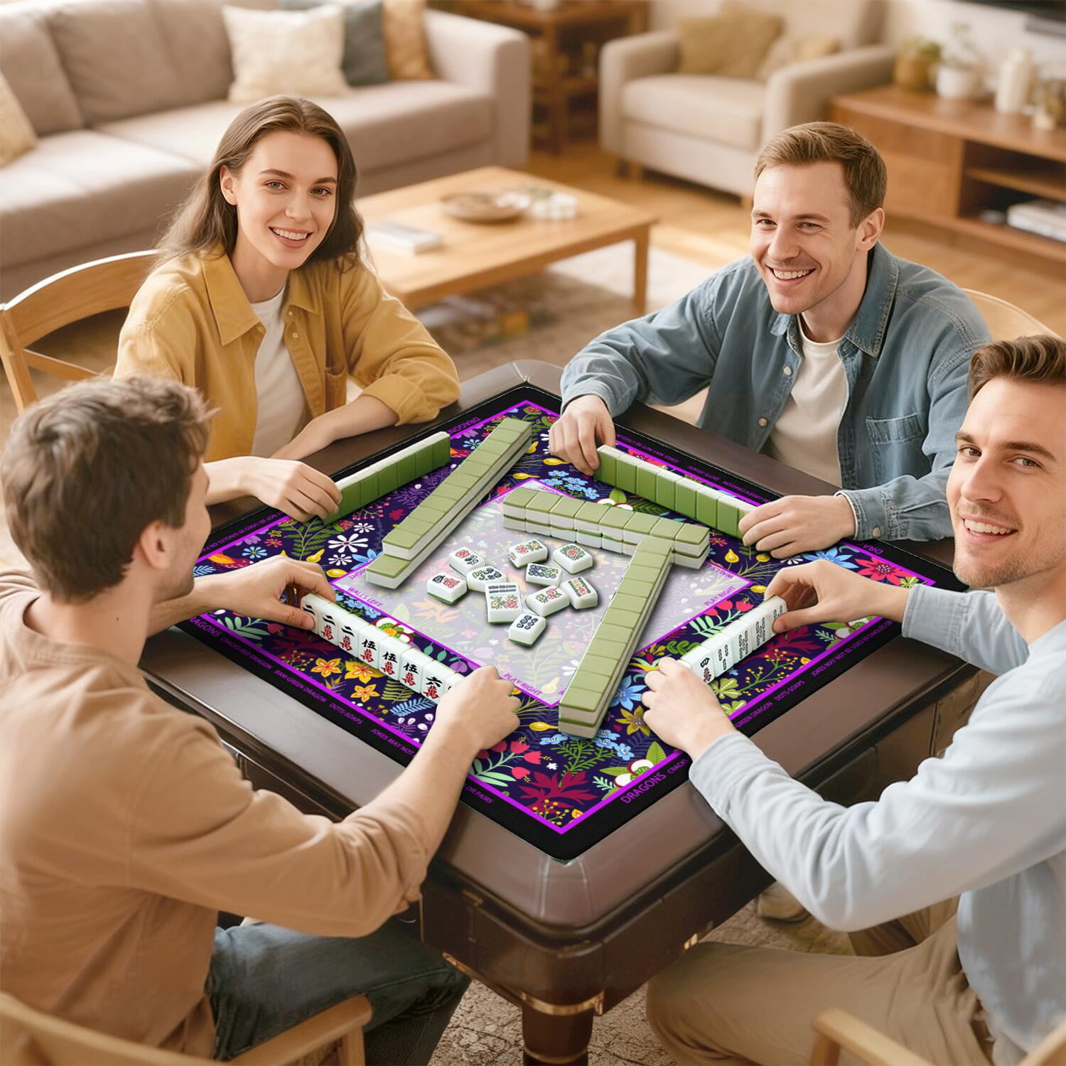 Flower Mahjong Mat with Rules, 31.5*31.5in Anti Slip American Mahjong Mat for Table, Noise Reduction, Neoprene Mah jongg Mats with Carrying Bag & 3 Dices, Mahjong Set Gift, Board Tile Games Mats