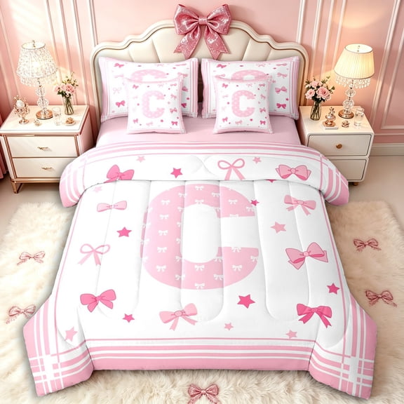 Manfei Kawaii Bow Letter C Monogrammed Twin Bedding Sets 7-Piece for Teens Female,Cute Bowtie Alphabet Bedding Comforter Set for Kids Girls,Pink Reversible,Ultra Soft Home Decor
