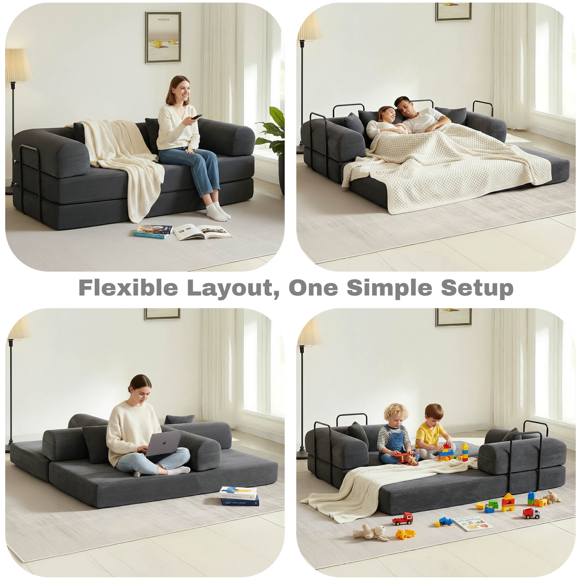 GAOHAPY 80" Convertible Sleeper Sofa Bed, Corduroy Foldable Futon Couch with Pillows, No Assembly Sofa  for Living Room Small Spaces Apartment ,Dark Grey