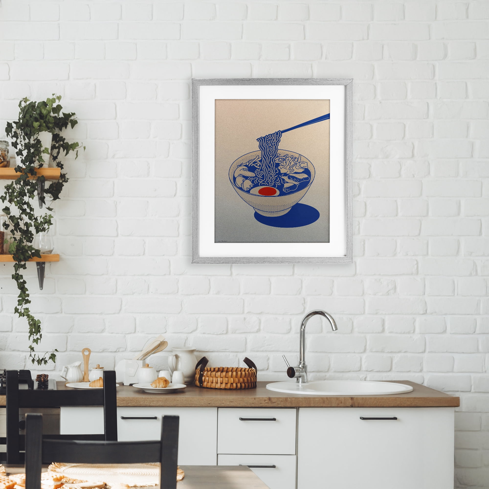 Ramen Noodle Bowl Gradient Gray Framed Print Under Glass, design by Seven Trees Design