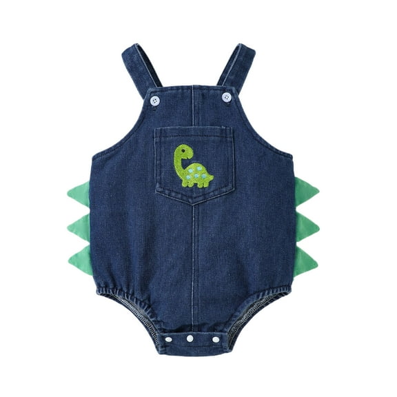 REDARER Baby Dinosaur Denim Romper Sleeveless Overalls Bodysuit with Spikes & Embroidery for Boys & Girls,3-6 Months