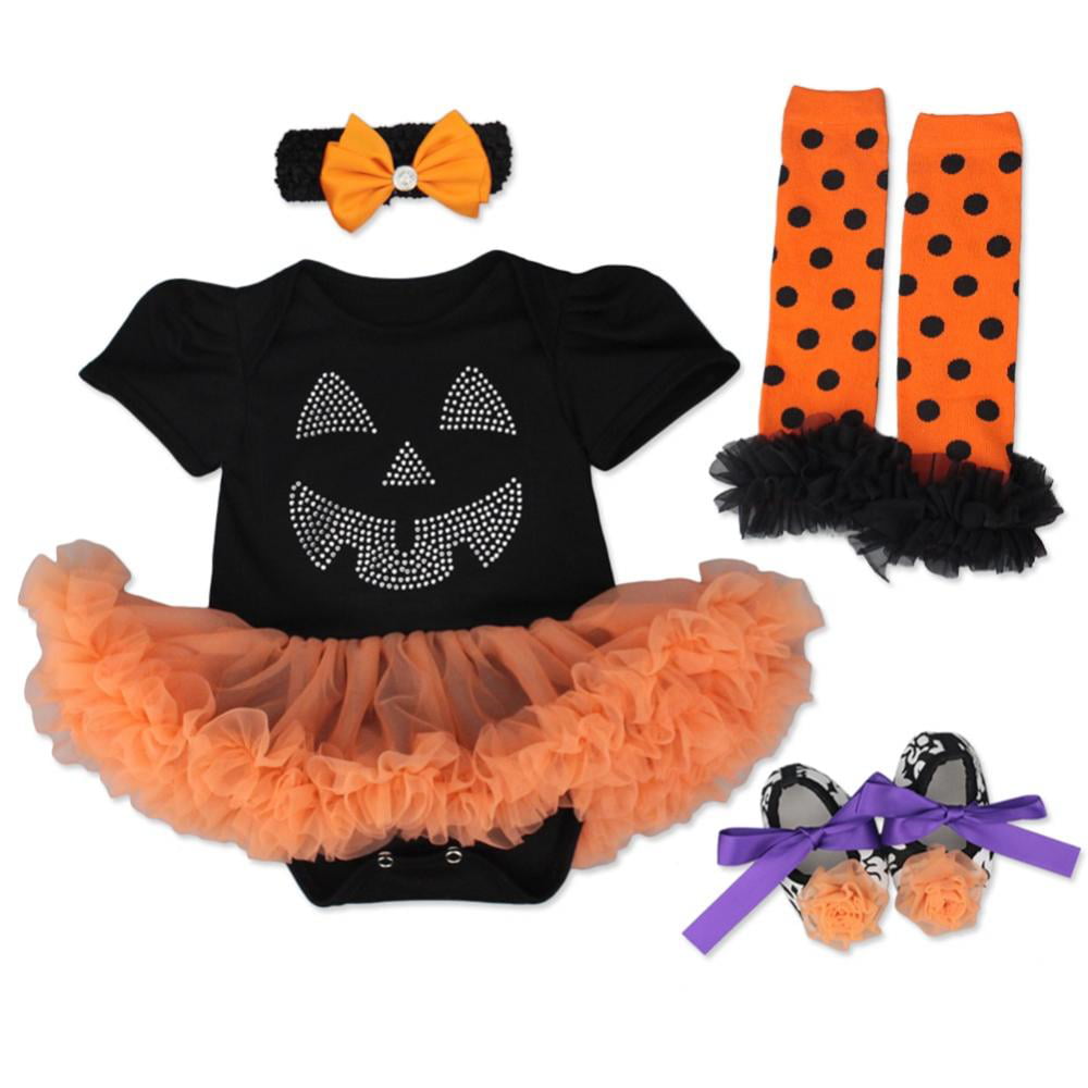 Newborn Baby Girls 4pcs Halloween Outfit Romper Dress Headband Legging Shoes 4pcs Tutu Set