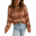 thumbnail image 2 of Womens Striped Ribbed Edge Sweater Long Sleeve Crewneck Drop Shoulder Fall Sweaters Top Light Brown XL, 2 of 6