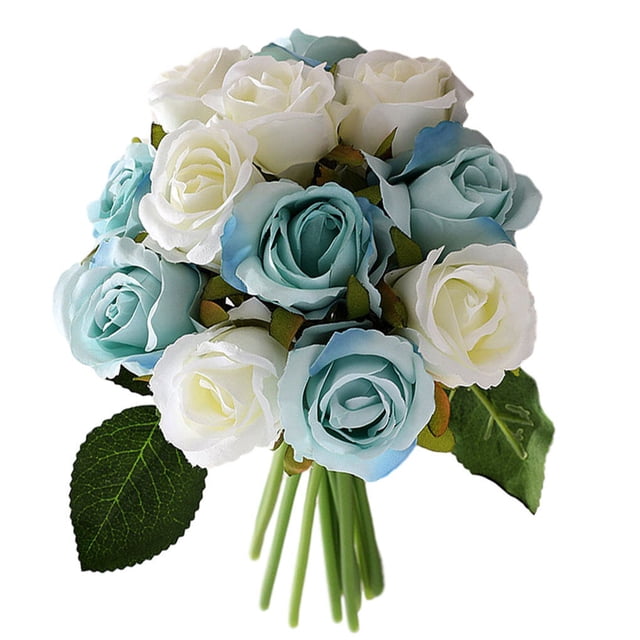 Ounissouiy Ramo de rosas artificiales de 12 cabezas, paquete de flores, decoración del hogar, boda, flor falsa Flores artificiales blanco azul