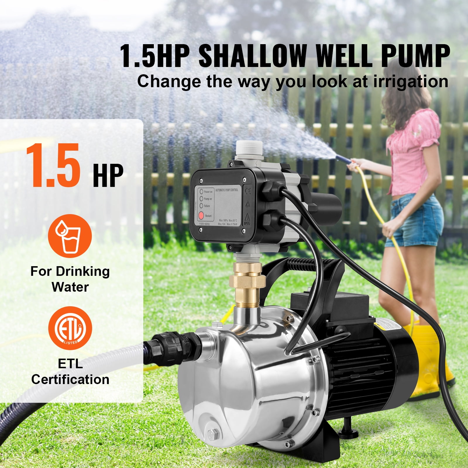 KFFKFF 1 HP Water Pump, 1200GPH 164ft Shallow Well Pump Portable Jet Pump w/ Auto Controller