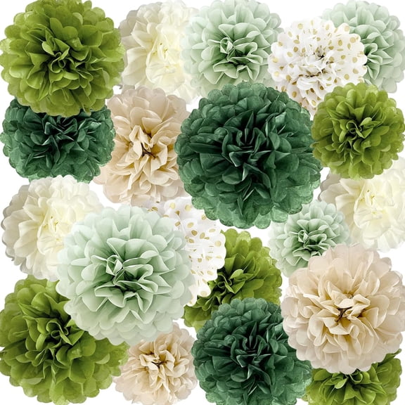 15Pcs Sage Green & Neutral Tissue Paper Pom Poms - Dark Green, Avocado Green, Mint Green, Beige, White & Gold Dot Paper Flowers for Baby Shower, Wedding & Boho Party Decorations