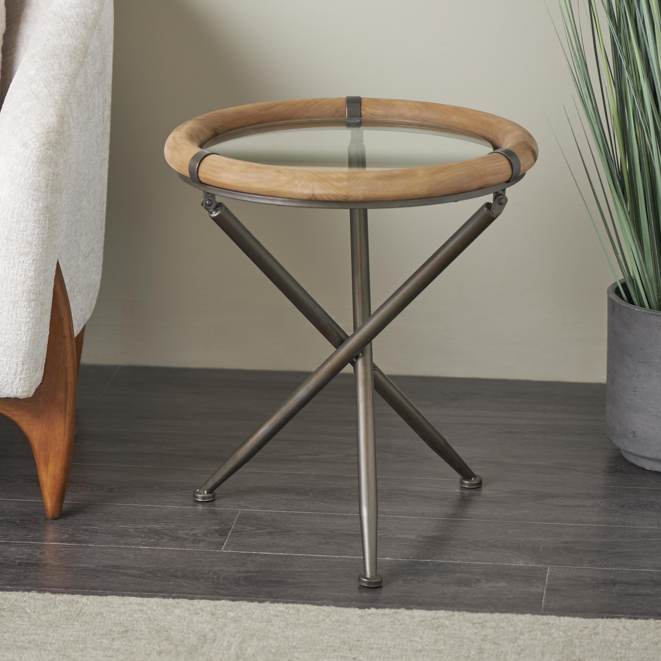 DecMode 20" x 22" Brass Metal Round Accent Table with Brown Wooden Framed Glass Tabletop, 1-Piece
