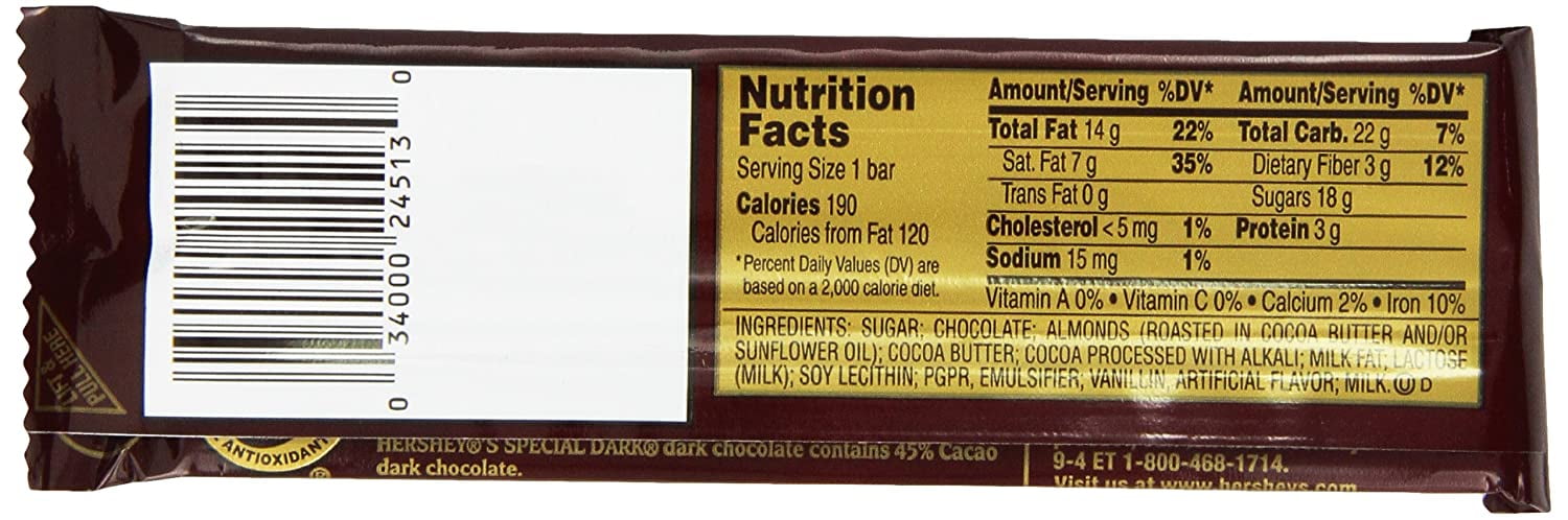 HERSHEYS Special Dark Chocolate Candy Bars with Almonds, Valentines Gift, 1.5 Ounce (24 Count)