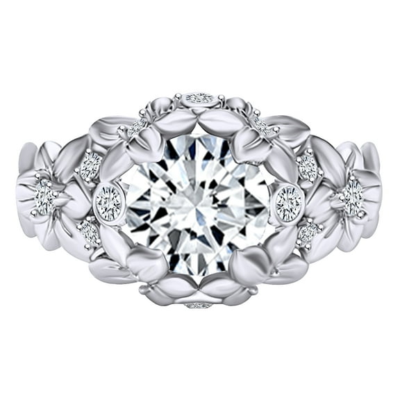 AFFY 1.16 Carat Round Shape Moissanite & Natural Diamond Anniversary Ring 14K Solid White Gold Ring Size-5