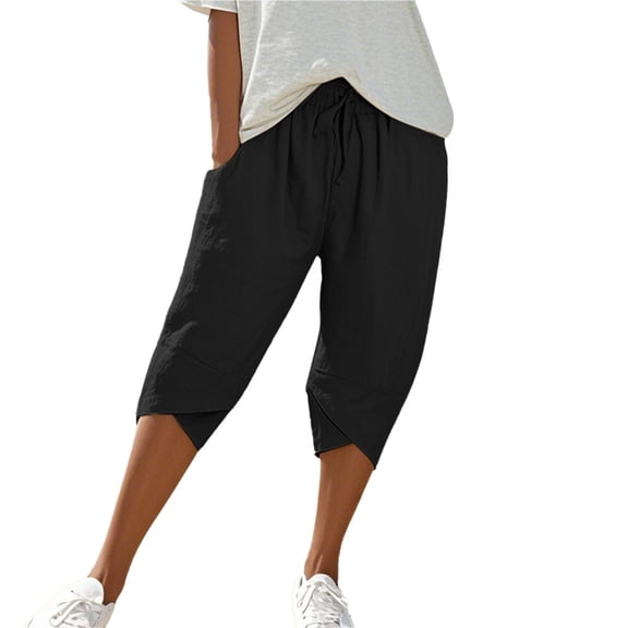 Outfmvch Summer Pants for Women Capris Drawstring with Pockets Straight Wide Leg Cotton Linen Pants Womened Wide Leg Paper Bag Pants Cropped Linen Pants Women Linen Palazzo Trousers Black S-2XL