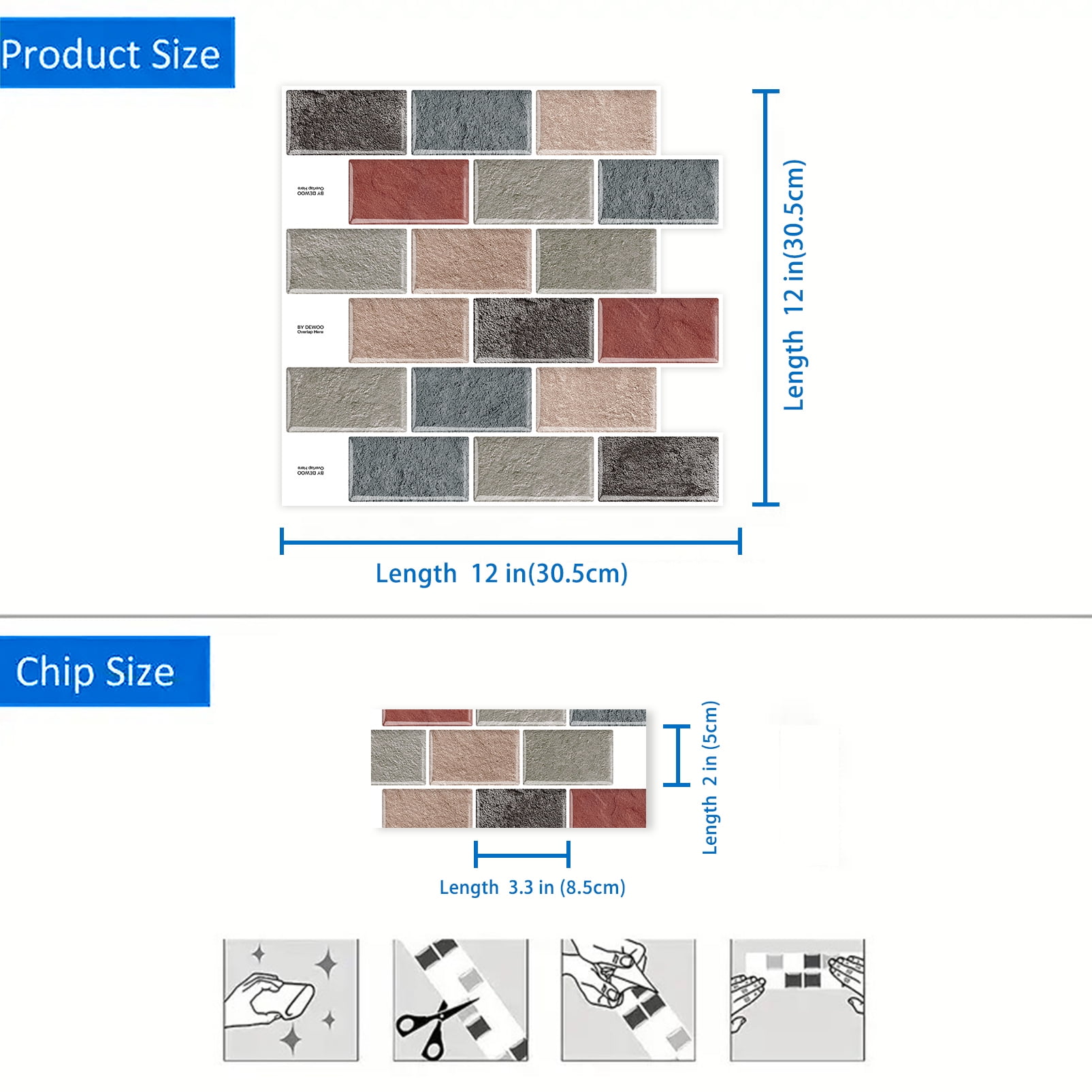 DEWOO Peel and Stick Backsplash - 10 Sheets of 12"×12" - 3D Adhesive Peel and Stick Tile Backsplash for Kitchen, Bathroom, Wall Tile, Multicolor