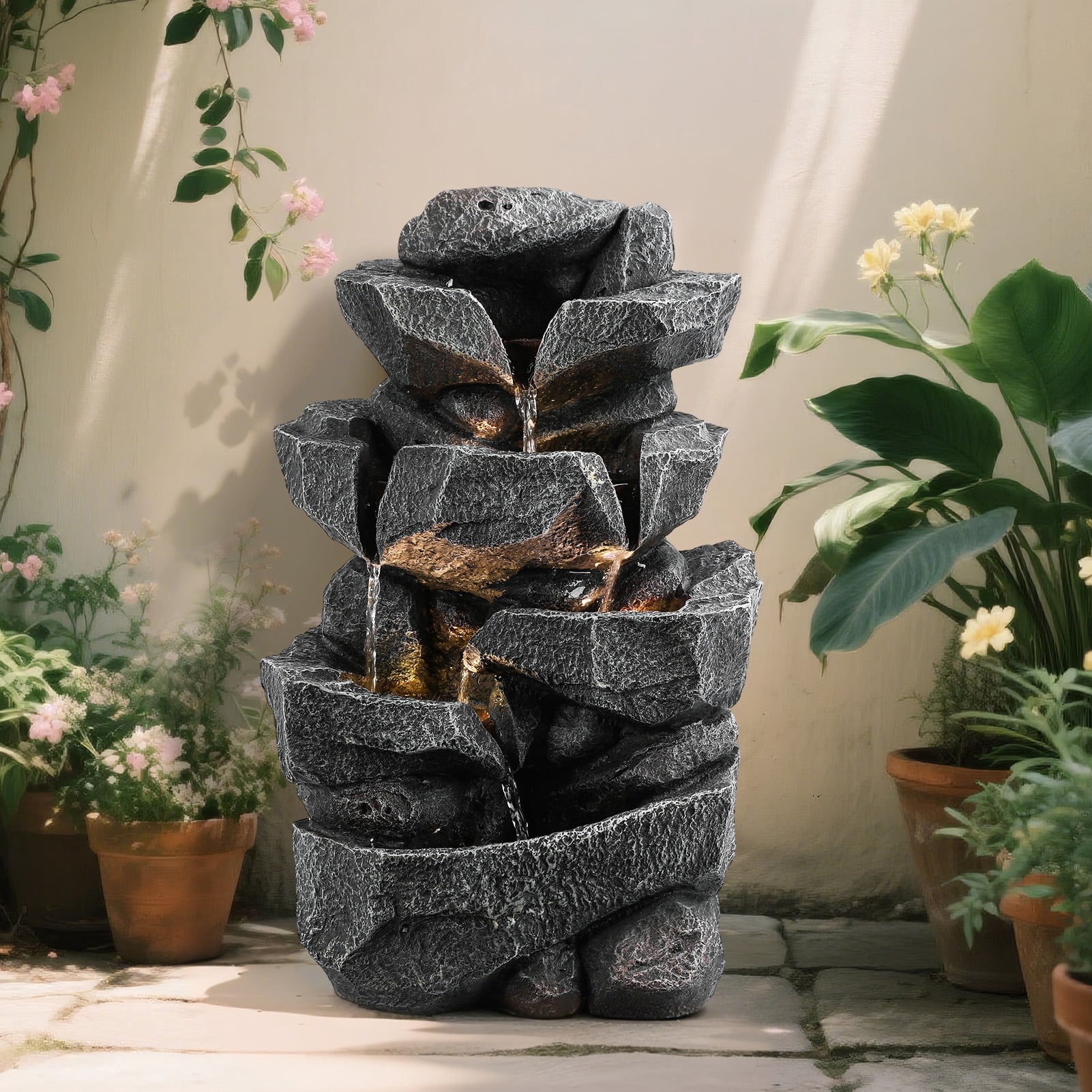 DJZ 5-Tiers Cascading Rock Water Fountain Outdoor Water Fountain Outside Patio Water Features Fountain with LED Light and Pump,Garden Waterfall Decor