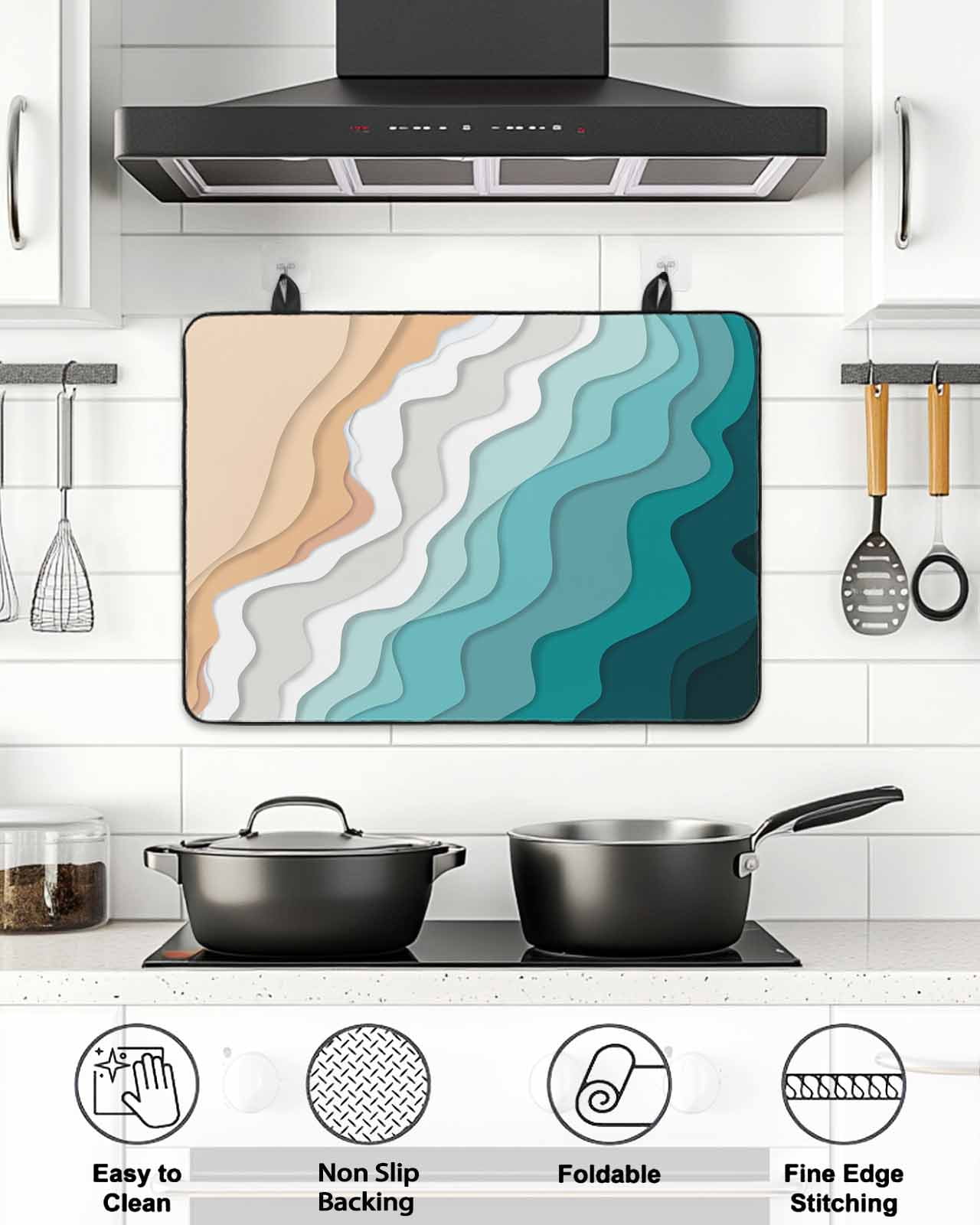 Stove Top Covers for Electric Stove, Teal Green Glass Stovetop Cover Protector, Geometric Brown White Beach Waves Gradient Induction Cooktop Protector Oven Mat for Kitchen Countertop 28.5"x20.5"