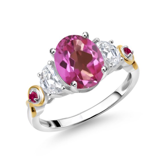 Gem Stone King 925 Silver and 10K Yellow Gold 3-Stone Ring Oval Pink Mystic Topaz and Moissanite (2.70 Cttw, Size 5)