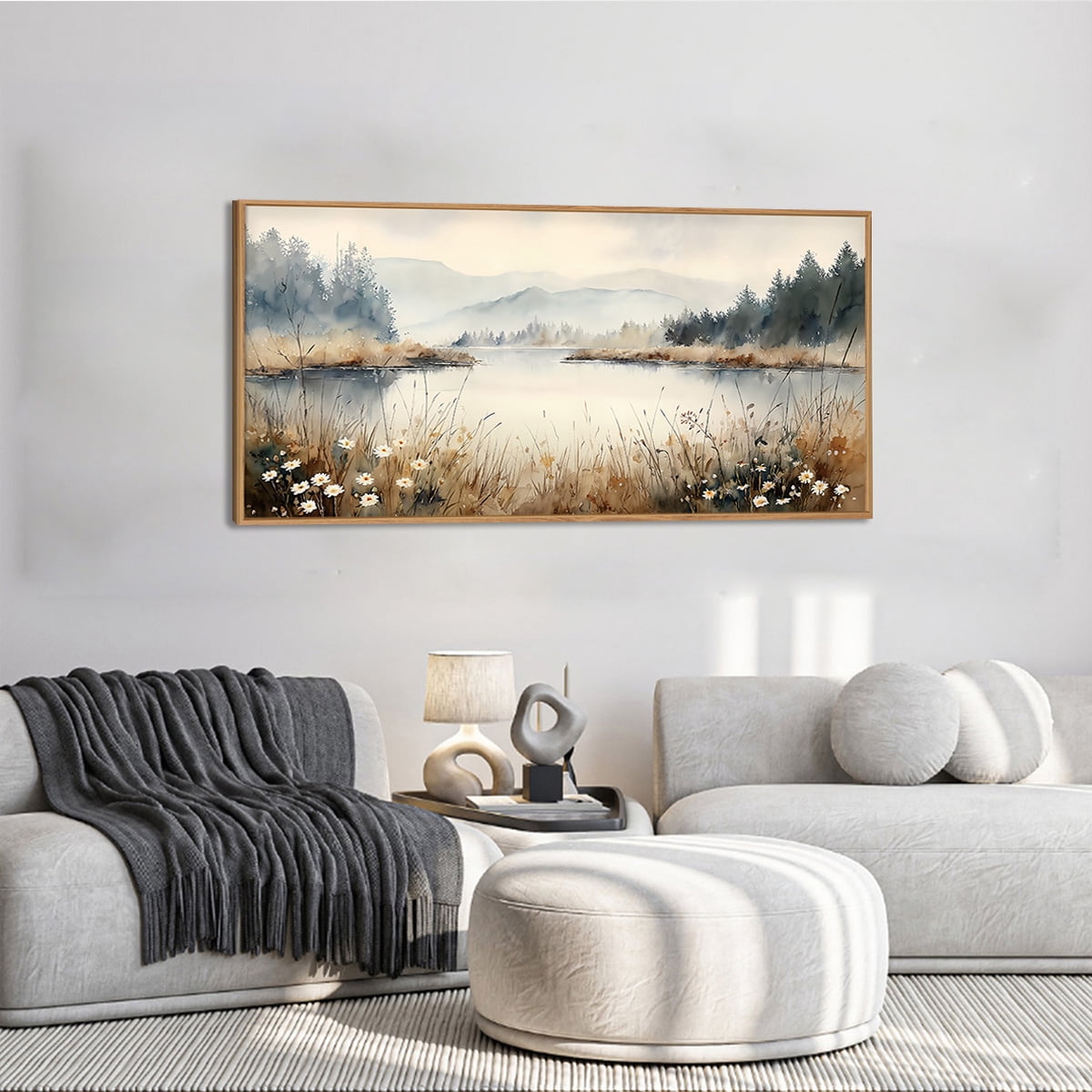 Nature Landscape Wall Art Wilderness Wall Decor Framed Forest Canvas Artwork Misty Mountain Lake Scenery Wall Painting for Living Room Farmhouse Bedroom 20X40 In