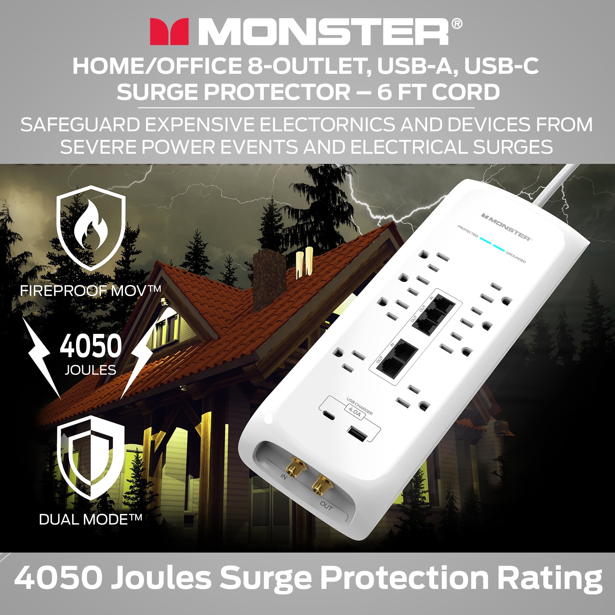 Monster White Heavy Duty 8 Outlet Surge Protector with USB-A & USB-C, 1 Count